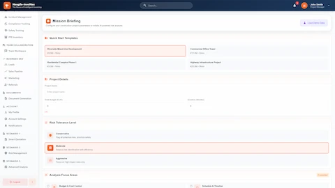 Mission Briefing - Project configuration with quick-start templates, budget/duration inputs, risk tolerance levels (Conservative/Moderate/Aggressive), and analysis focus areas.